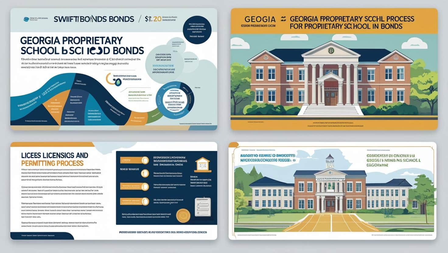 Georgia Proprietary School Bond infographic with school illustrations and licensing process overview.
