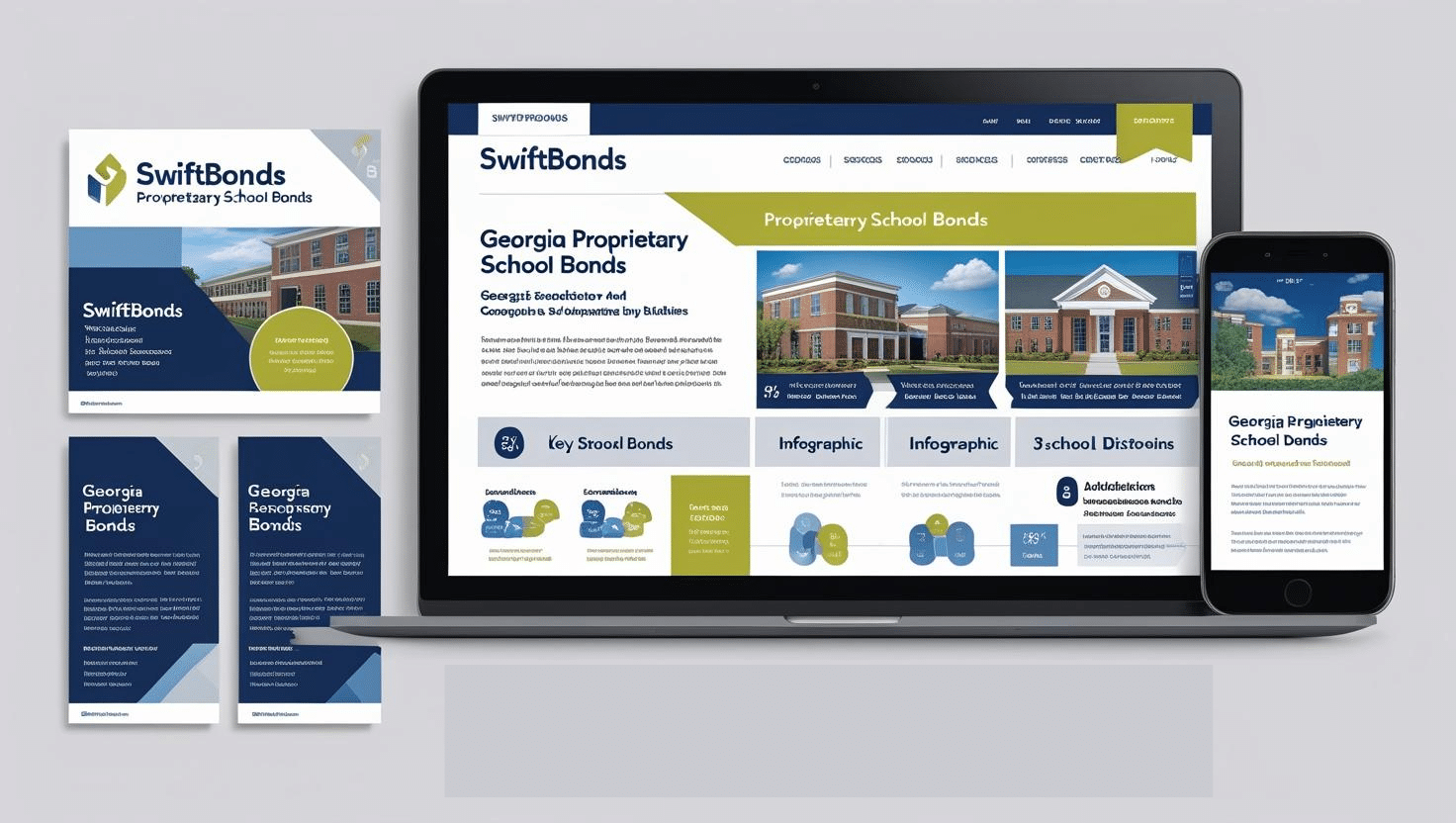 SwiftBonds Georgia Proprietary School Bond website and brochure mockup showcasing key bond details.