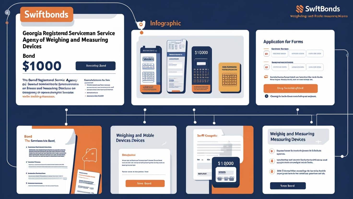 Step-by-step infographic outlining the Georgia Registered Serviceman or Service Agency ,000 bond process with visuals of devices, forms, and bond details.