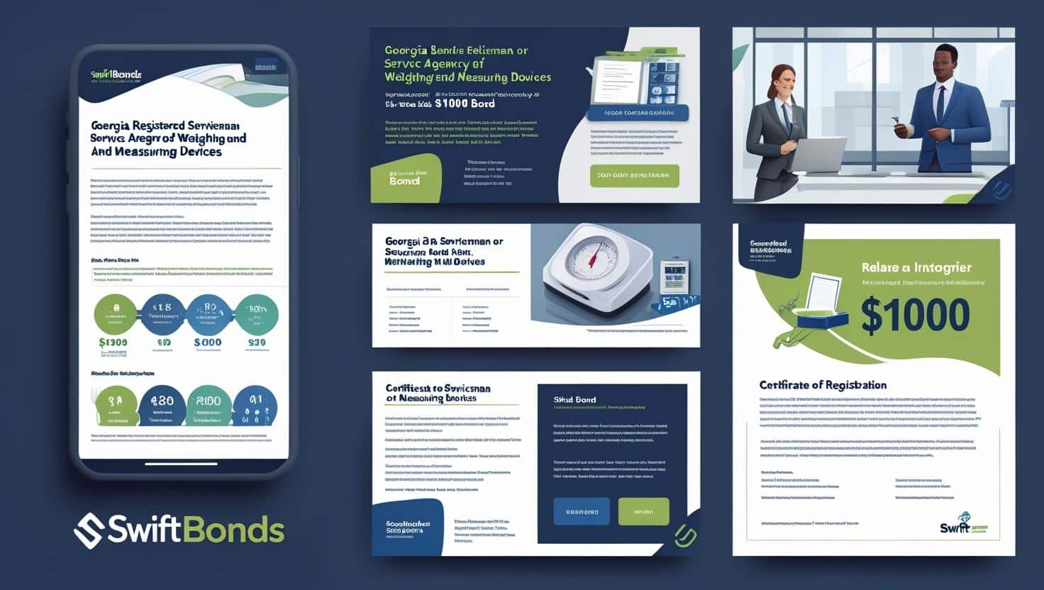 Visual guide showing Georgia Registered Serviceman bond details, registration steps, costs, and certification requirements with graphics of scales and officials.
