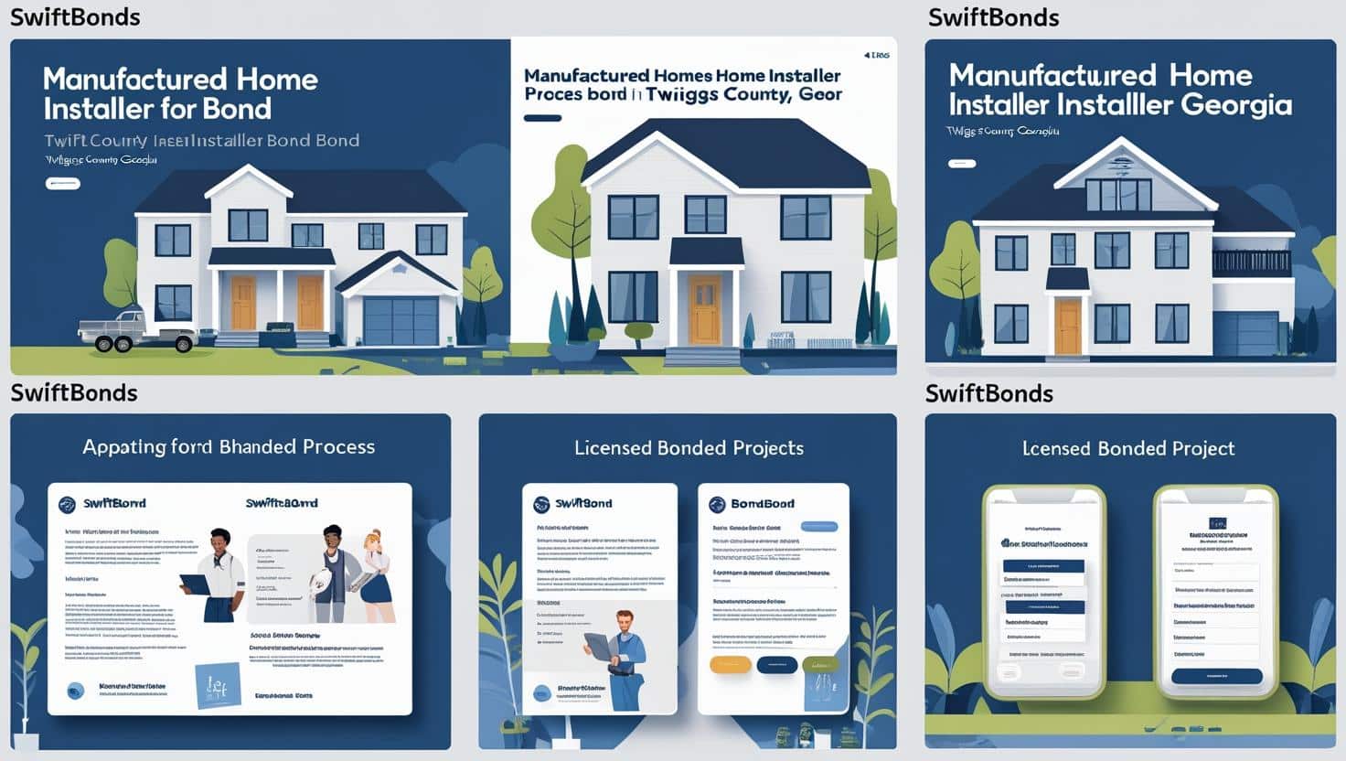 SwiftBonds infographic showcasing Twiggs County, GA Manufactured Home Installer Bond process with house illustrations.