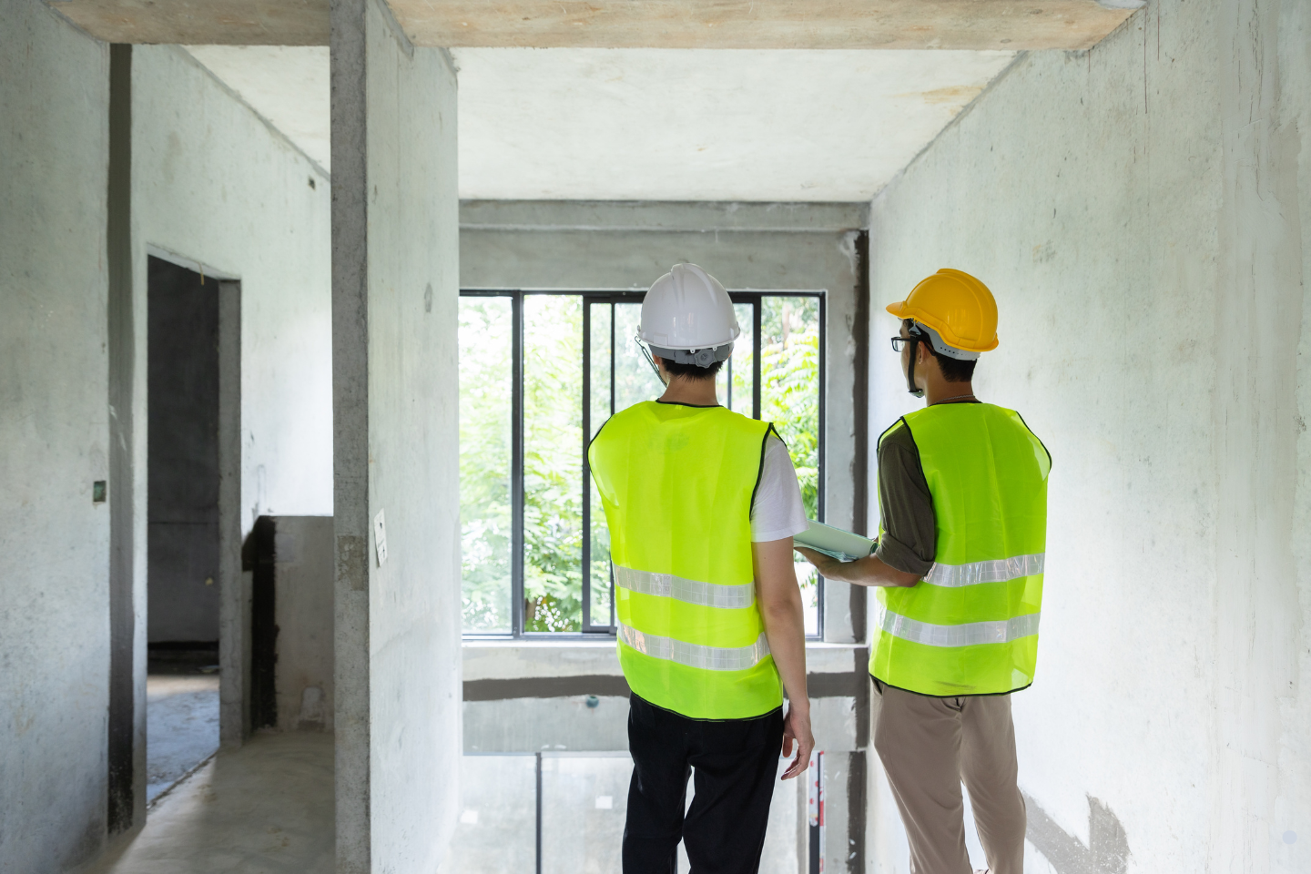 Inspectors wearing safety vests reviewing construction progress inside a building under development.