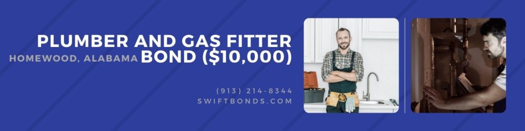 Homewood, AL-Plumber and Gas Fitter Bond ($10,000) - The banner shows a Plumber standing with crossed arms and looking at camera in kitchen. Installer or heating technician with checklist checks gas heating during maintenance.