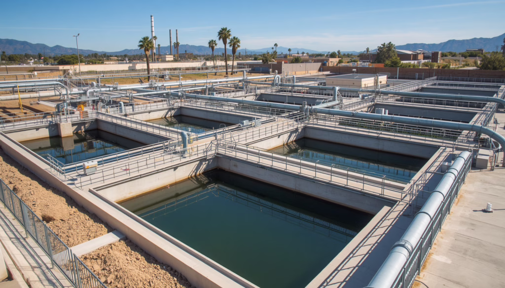 Advanced Los Angeles County sanitation treatment plant featuring filtration systems, pipelines, and water management equipment