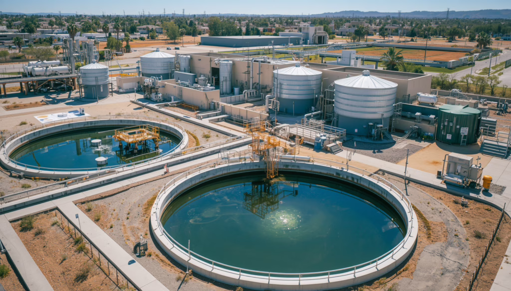 Modern Los Angeles County Sanitation District No. 2 wastewater treatment facility with industrial water processing tanks and infrastructure
