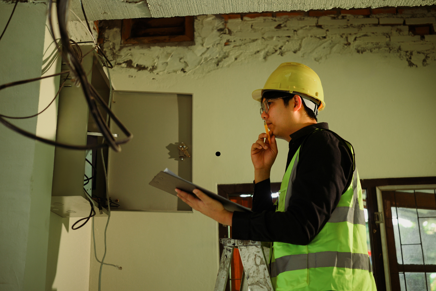 Inspector reviewing exposed electrical wiring and equipment in a partially finished building.