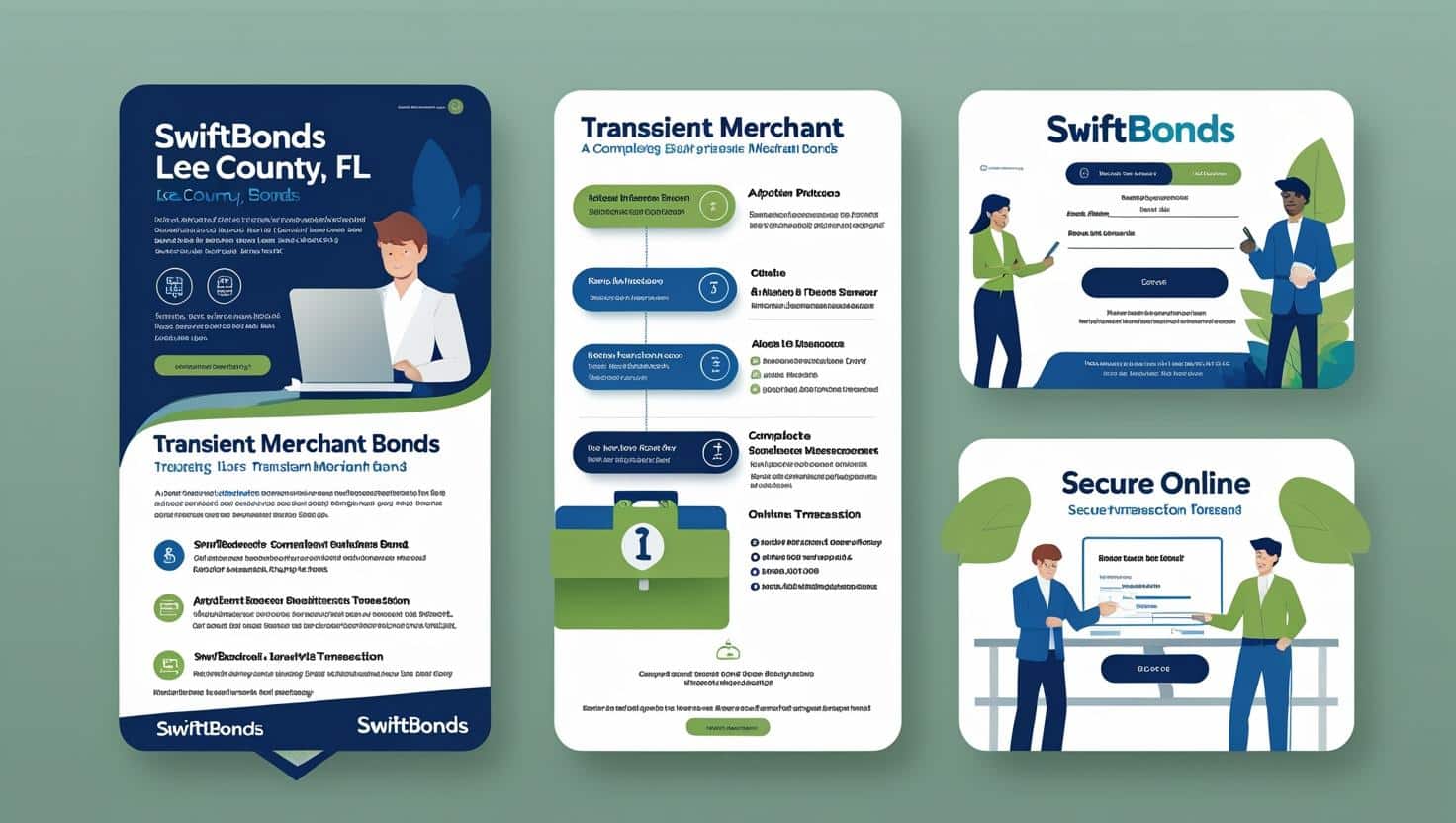 Step-by-step infographic on Lee County, FL Transient Merchant Bonds featuring application, requirements, and secure online processing.
