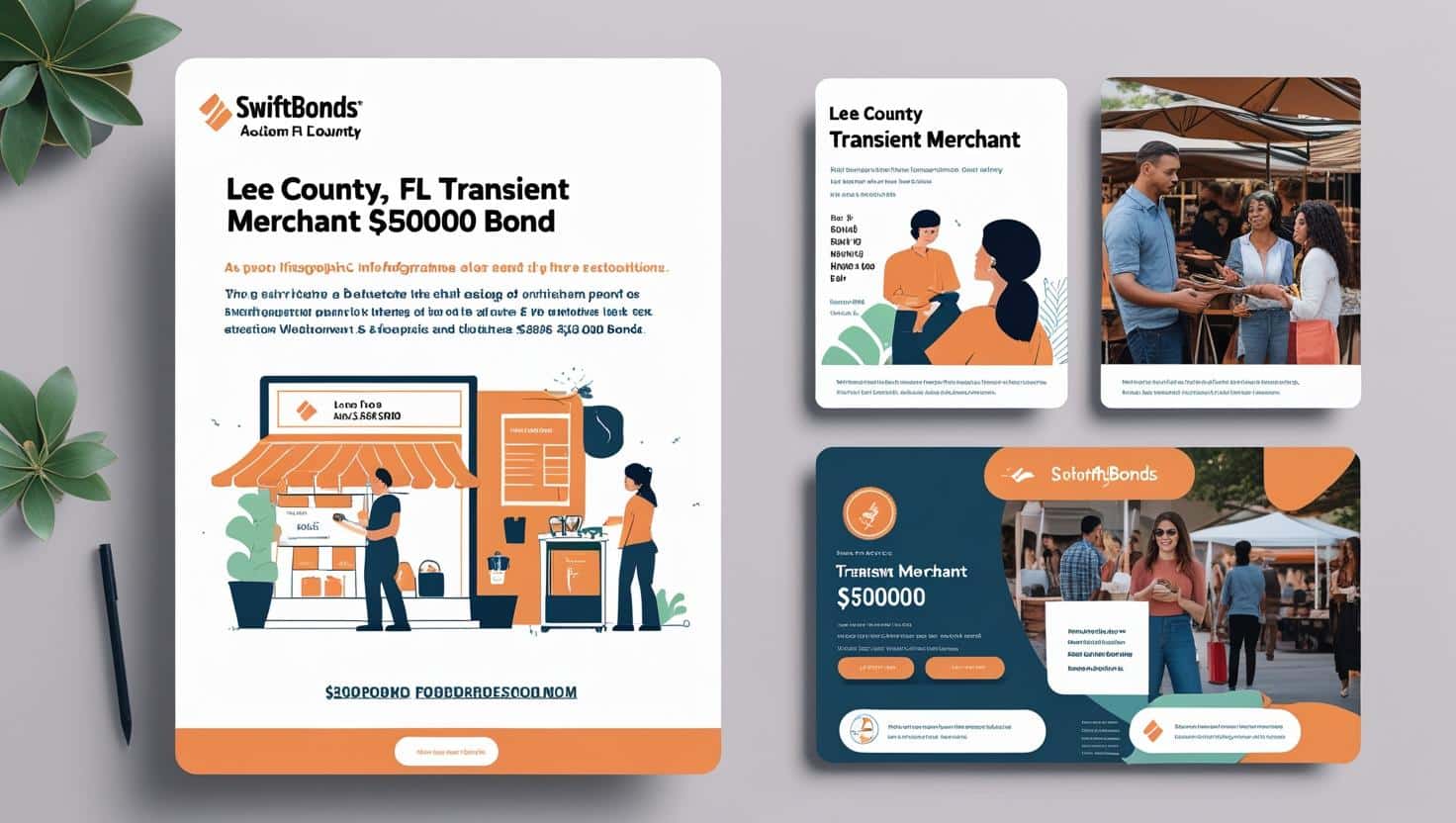 Infographic showing details of the Lee County, FL Transient Merchant ,000 Bond with illustrations of vendors and customers.