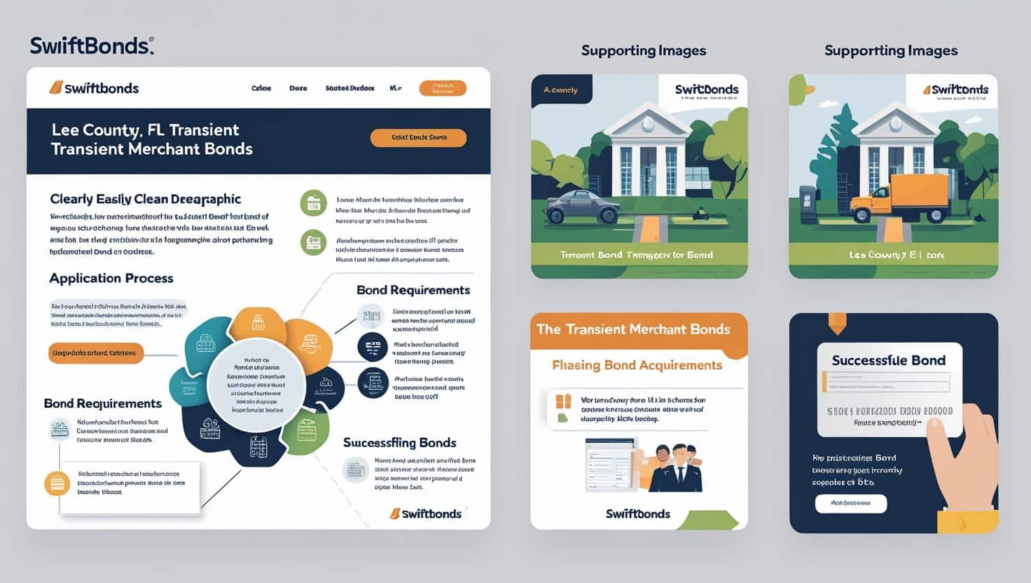 Visual guide outlining bond requirements and application process for Lee County, FL Transient Merchant Bonds with supporting graphics.
