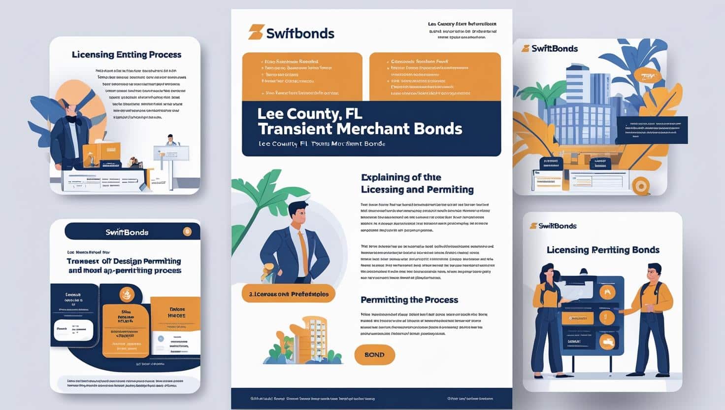 Infographic explaining the licensing and permitting process for Lee County, FL Transient Merchant Bonds with illustrated figures.