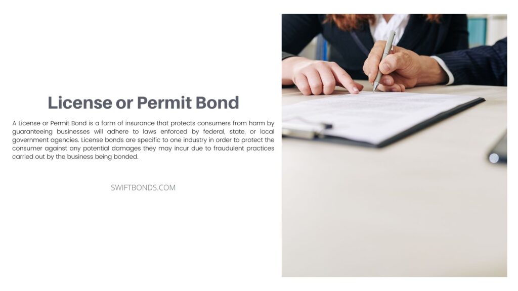 License or Permit Bond - Business owner having signing a document for license and permit on a white table.
