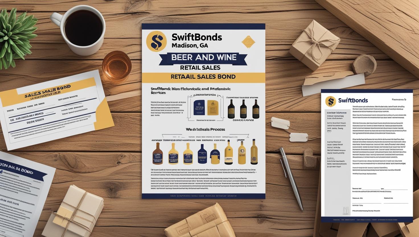 SwiftBonds Madison, GA beer and wine retail sales bond paperwork and infographic displayed on a wooden desk.