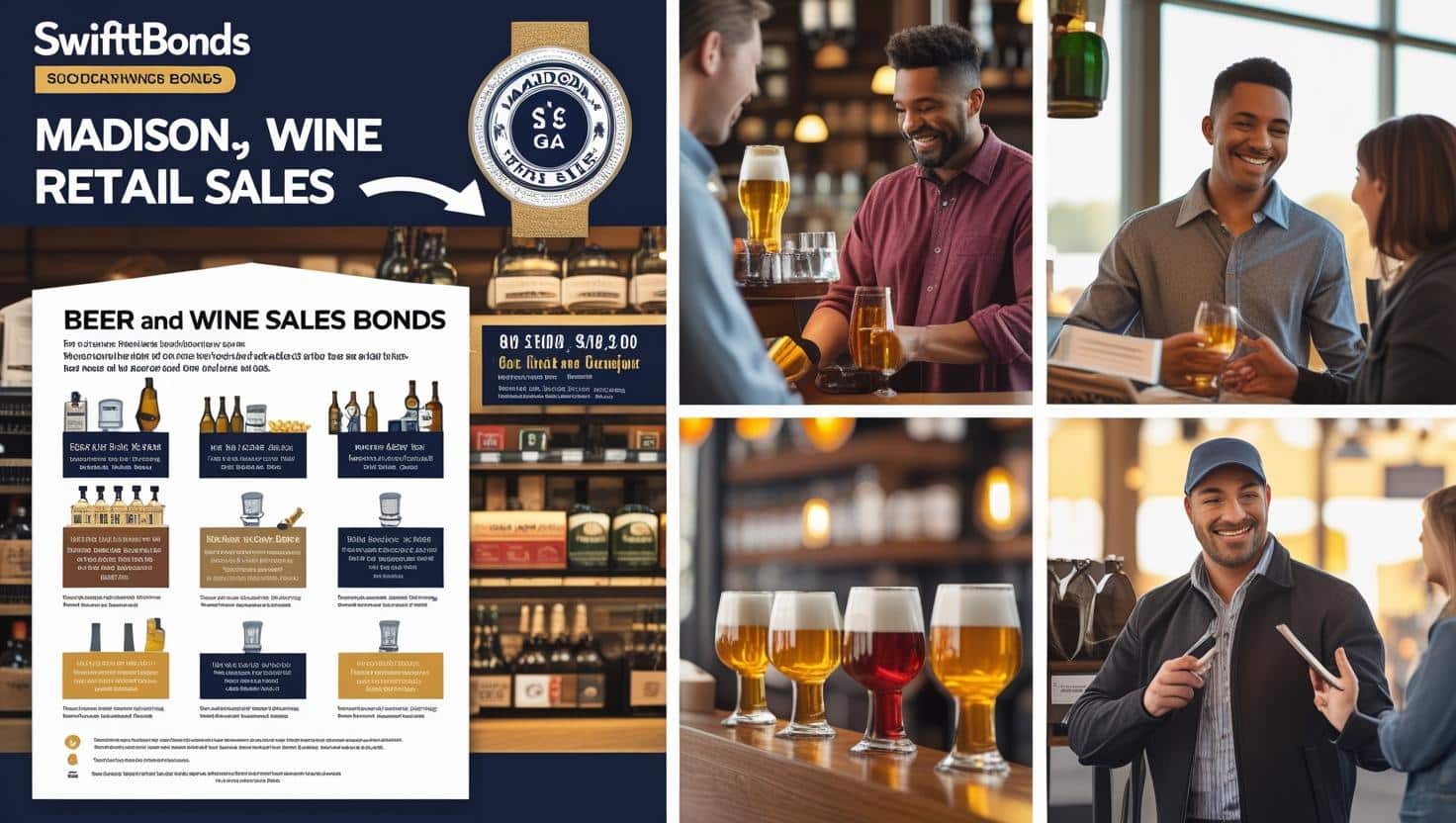 Infographic and lifestyle images showcasing SwiftBonds’ Madison, GA beer and wine retail sales bond requirements.