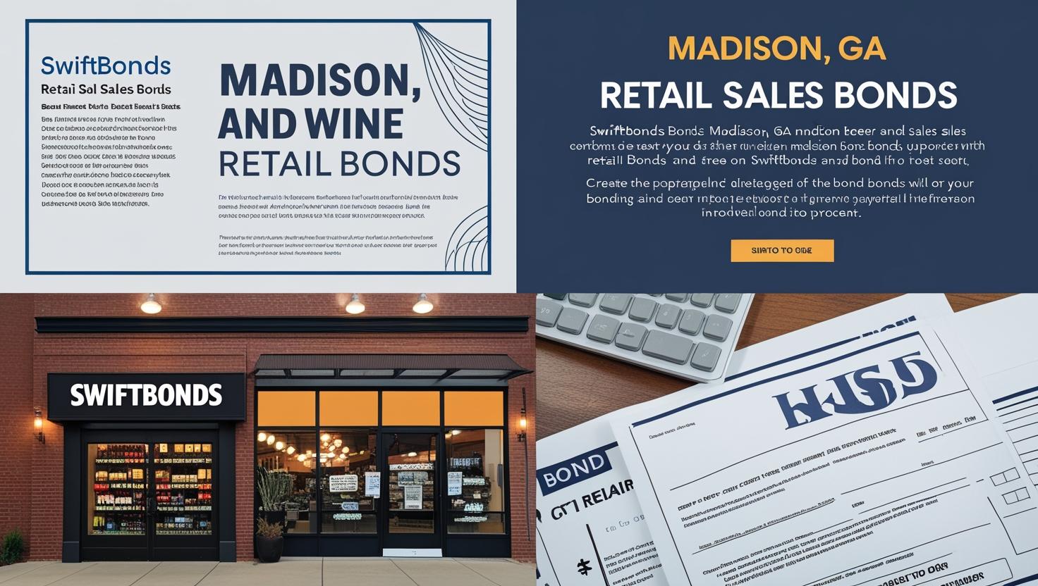 Visual layouts of Madison, GA retail sales bonds featuring SwiftBonds storefront, documents, and compliance process.