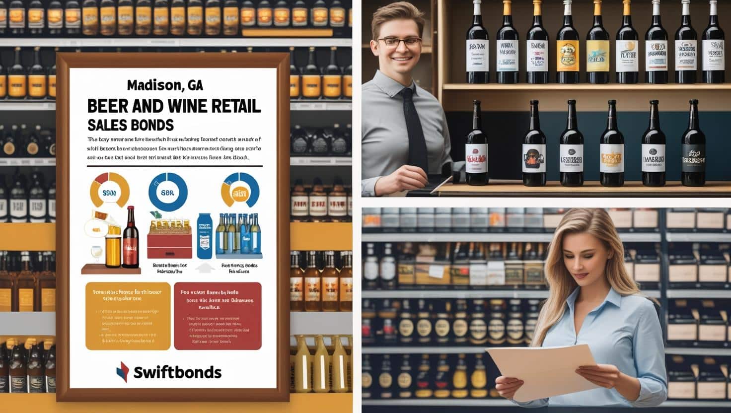 Beer and wine retail bond infographic with professionals reviewing licenses in a store setting.