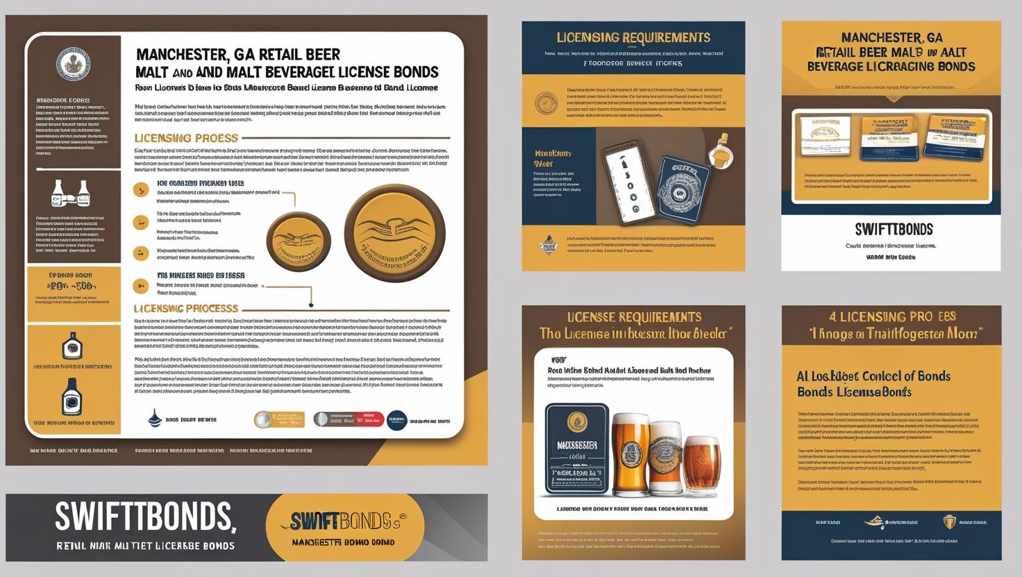 Infographic and visuals explaining Manchester, GA retail beer and malt beverage license bond requirements and processes.