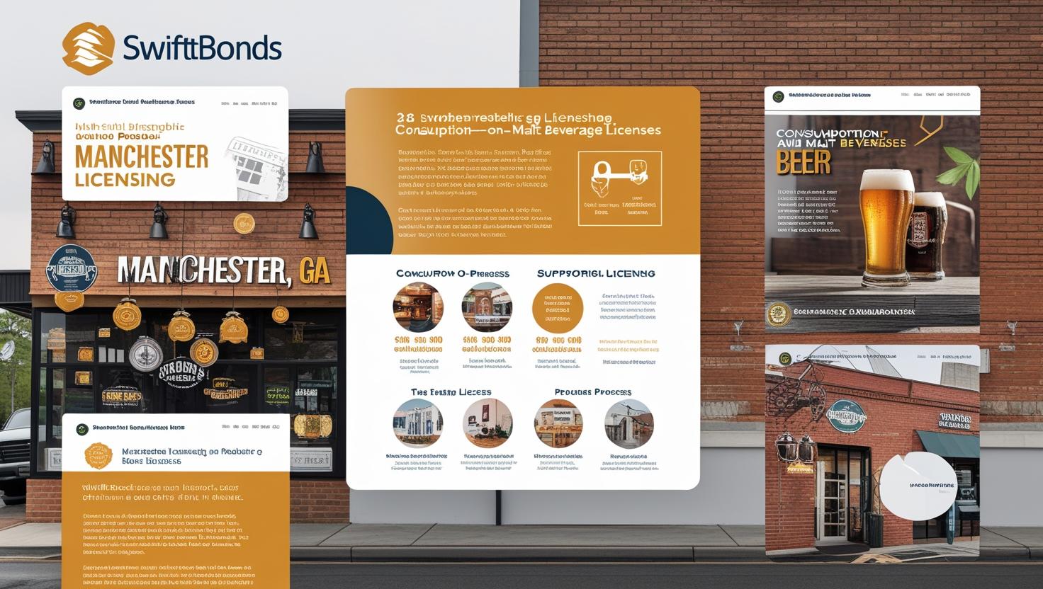 Storefront and posters showcasing Manchester, GA licensing details for consumption-on-premises beer and malt beverage permits.