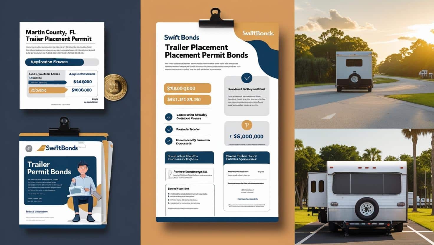 Martin County, FL trailer placement permit bond infographic with cost details and trailer images.