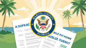 Martin County, Florida seal over mobile home placement permit documents illustrating zoning and permit compliance backed by a surety bond.