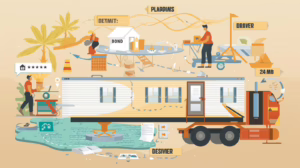 Mobile home being transported and installed with permit compliance visuals representing Martin County, Florida mobile home placement permit bond requirements.