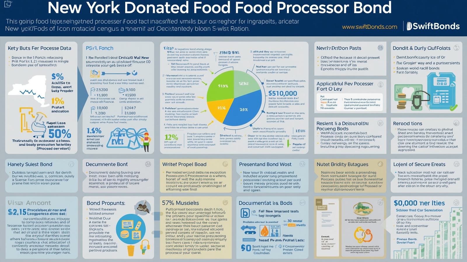 Infographic explaining New York Donated Food Processor Bond with charts, statistics, and compliance details.