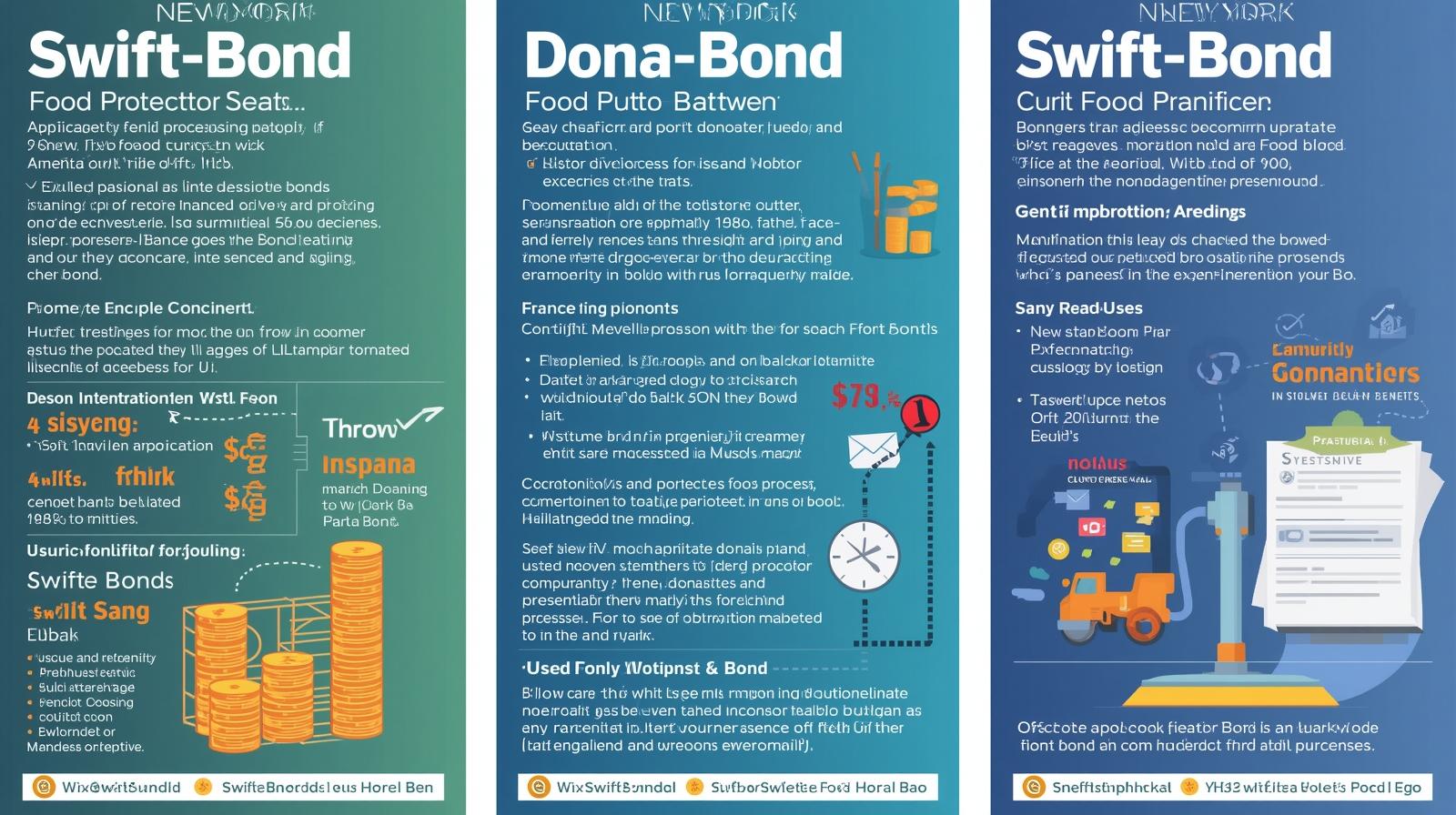 Colorful infographic panels showing SwiftBond food processor bond requirements and applications in New York.