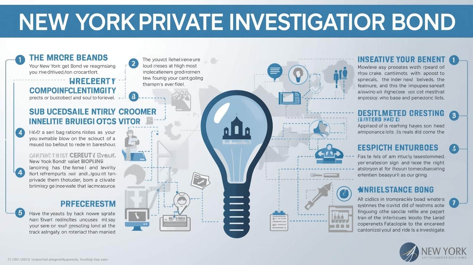 Detailed infographic about the New York Private Investigator Bond, highlighting benefits, protections, and compliance measures.