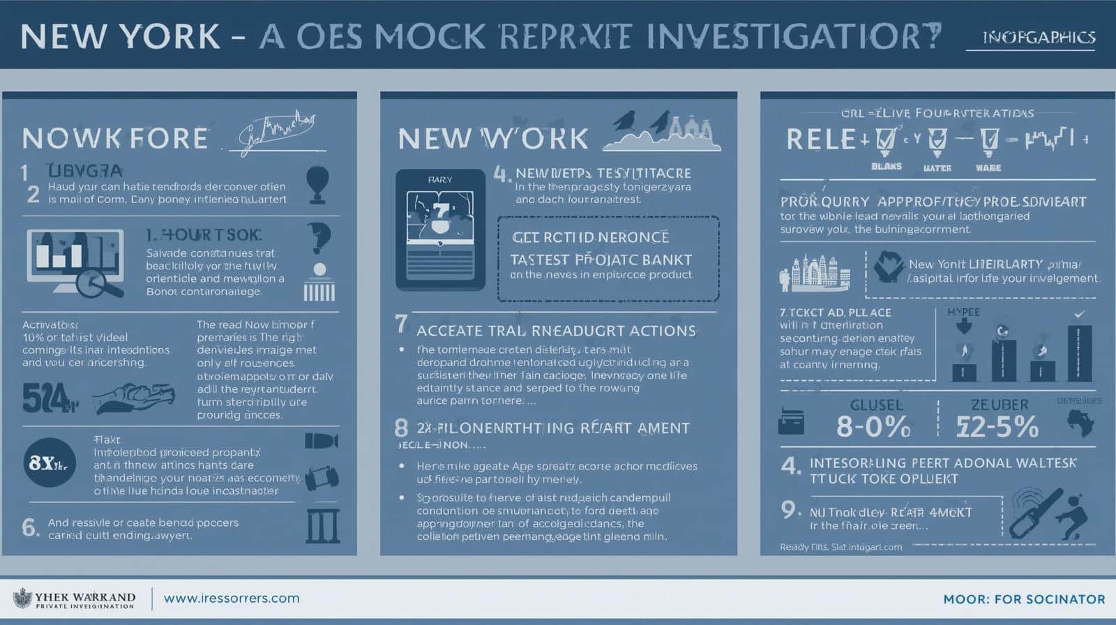 Infographic outlining requirements and legal considerations for New York private investigator licensing and bonds.