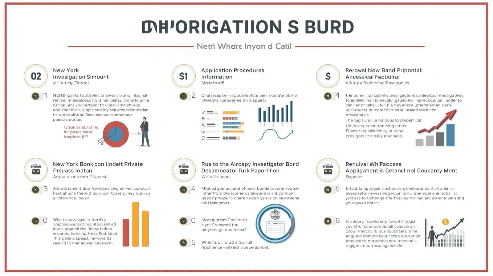 Step-by-step infographic explaining New York private investigator bond application procedures and renewal process.