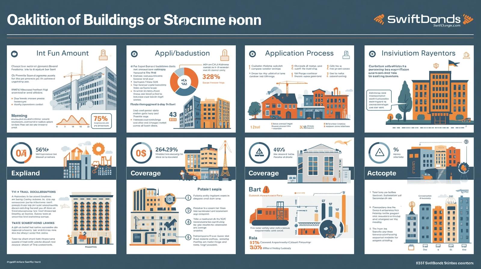 Multi-panel infographic detailing Oakland demolition bond application, coverage, and regulatory process with illustrated construction scenes.