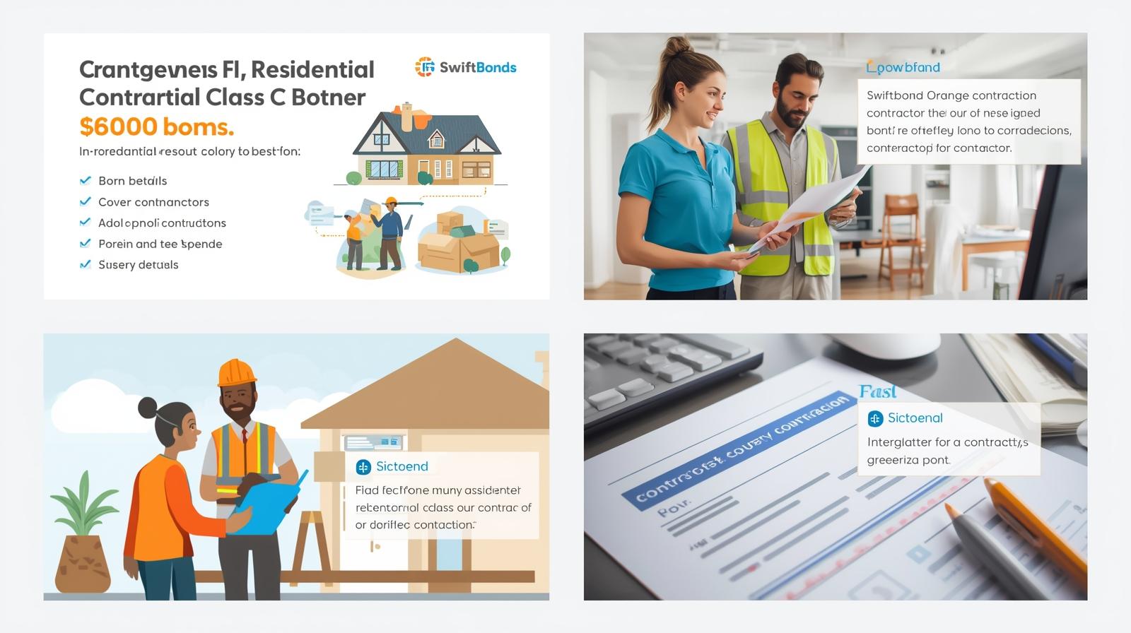 Contractors reviewing documents, residential home graphics, and paperwork visuals for licensing compliance.