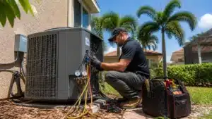 HVAC technician servicing a residential air conditioning unit for an Orange County, Florida air conditioning contractor.