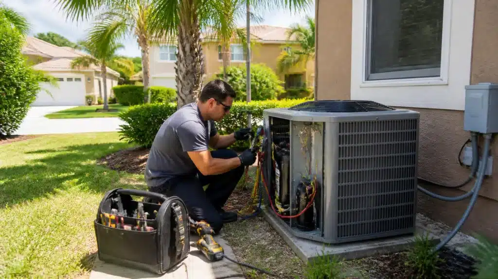 Air conditioning contractor inspecting HVAC components and pressure gauges at an Orange County, Florida home.