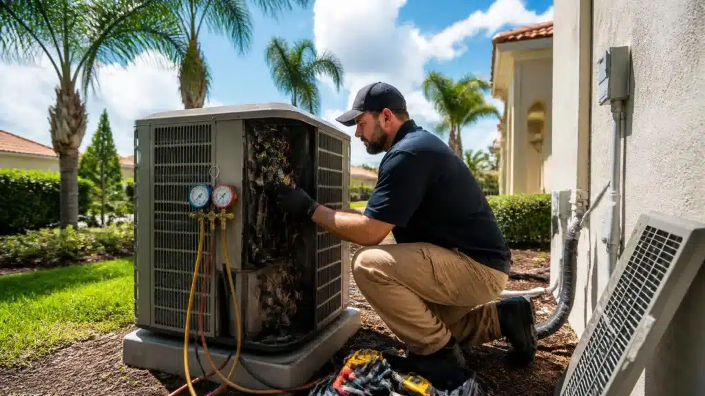 Orange County, Florida HVAC technician repairing an outdoor residential air conditioning system with professional tools.