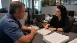 Customer discussing Orange County Utilities Deposit Bond paperwork with a service representative.