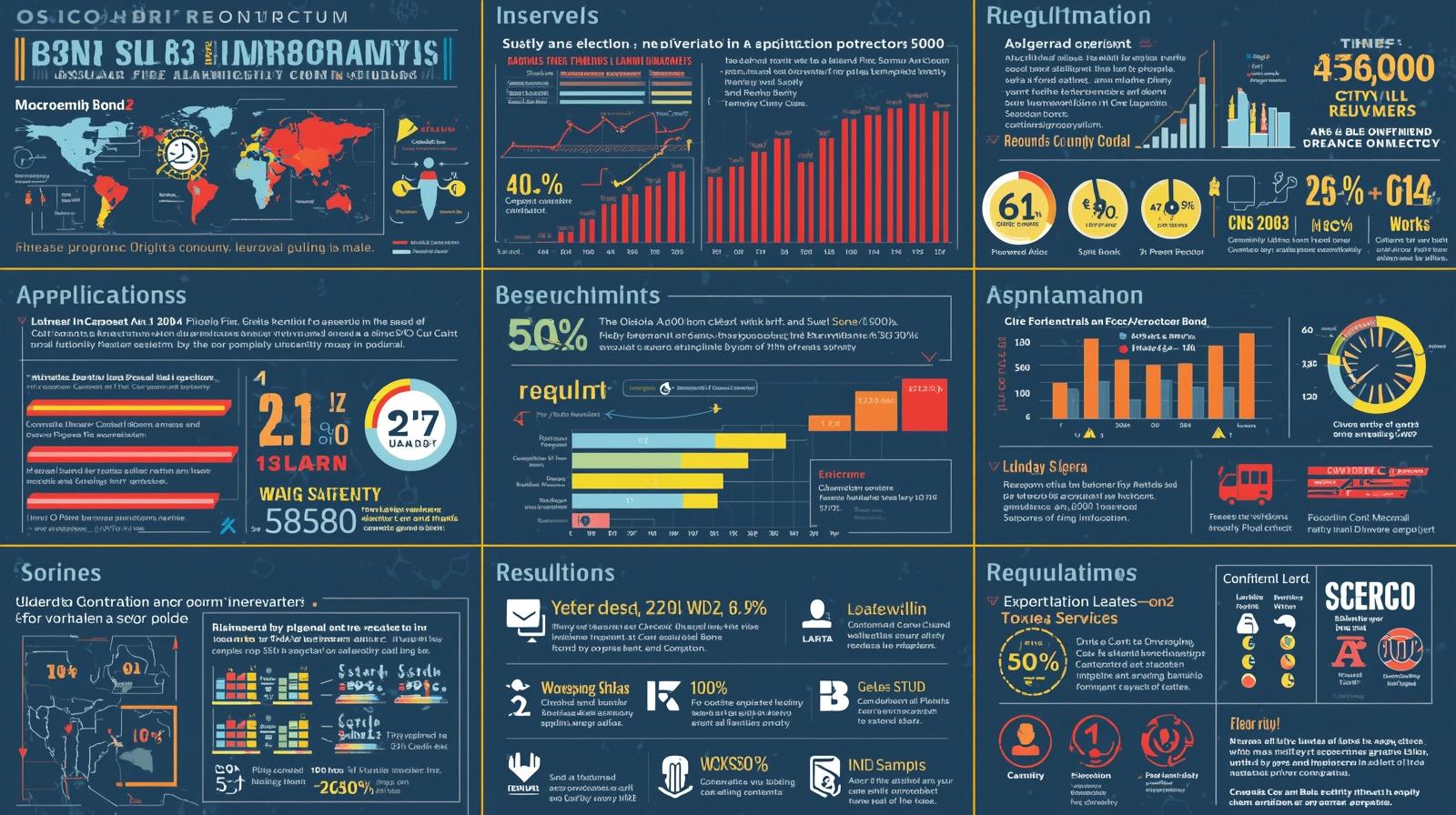 Complex infographic with scrambled/corrupted text featuring various charts, graphs, world map, and data visualizations with garbled headings and statistics in a dark blue layout.