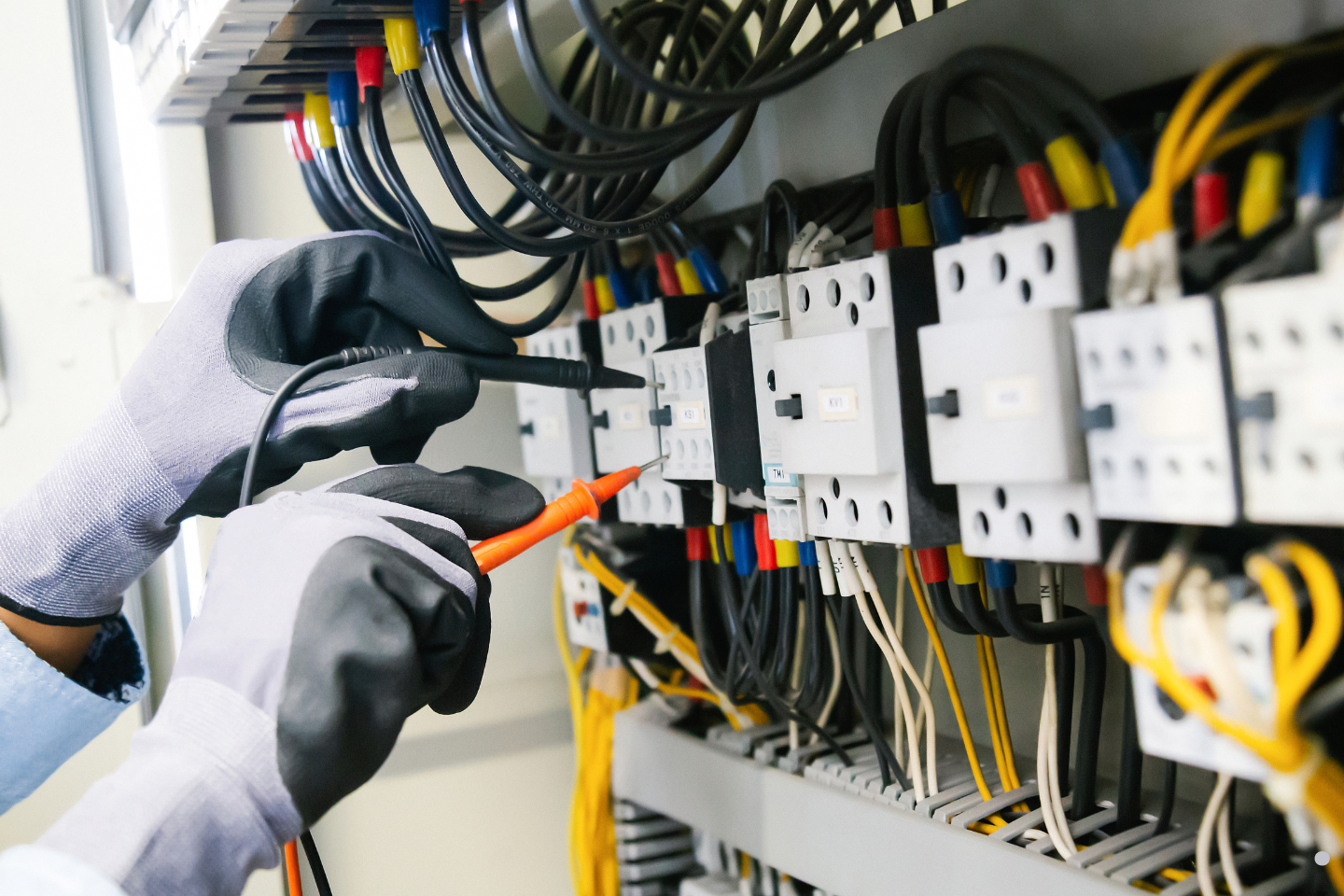 Close-up of gloved hands inspecting and testing electrical control panel wiring.
