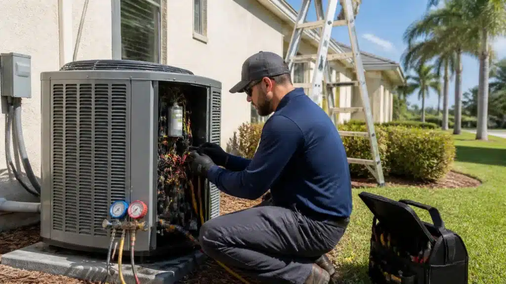 Osceola County, Florida air conditioning contractor servicing an outdoor HVAC unit at a residential property.
