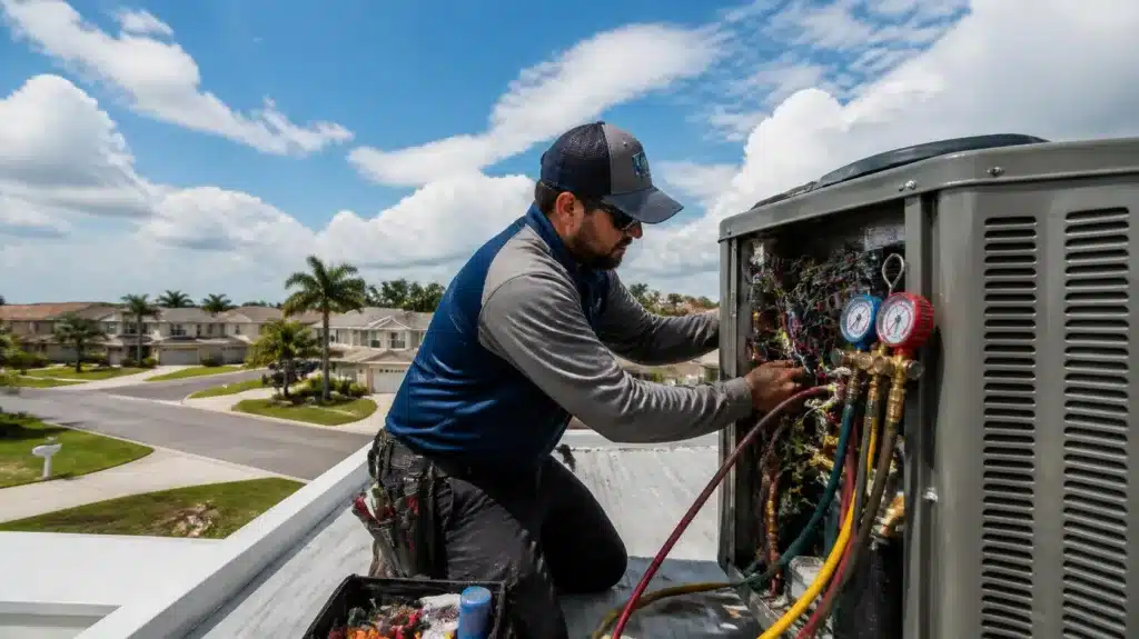 HVAC technician repairing a rooftop air conditioning system for an Osceola County, Florida property.