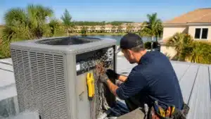 Osceola County, Florida air conditioning contractor inspecting electrical components inside a rooftop HVAC unit.