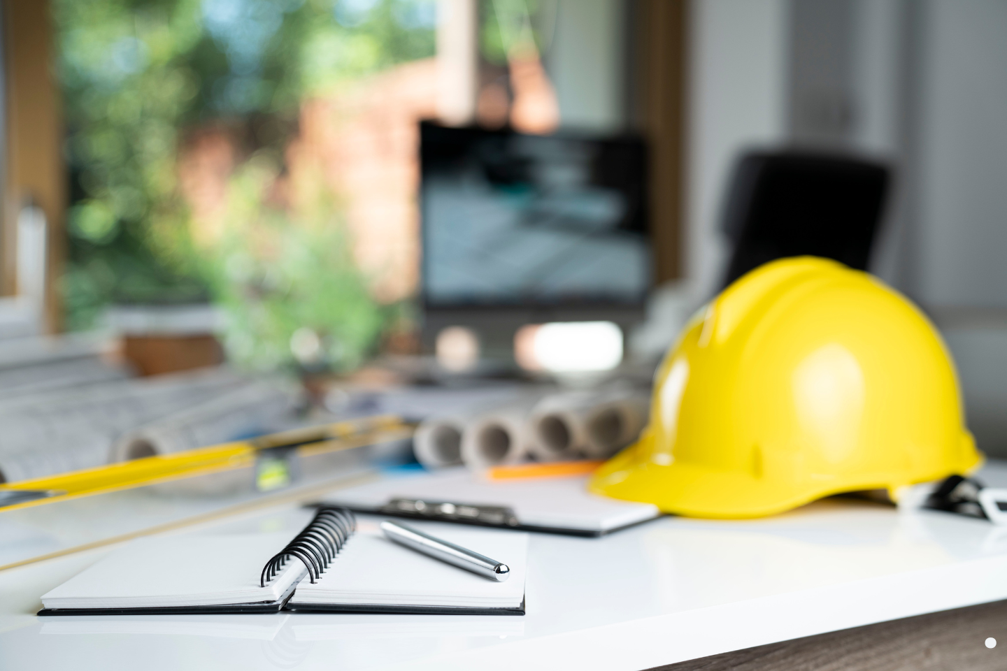 Construction desk setup with a yellow hard hat, notebook, blueprints, and drafting tools.