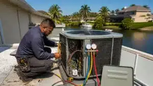 HVAC technician inspecting an air conditioning unit at a Pasco County, Florida residential property.