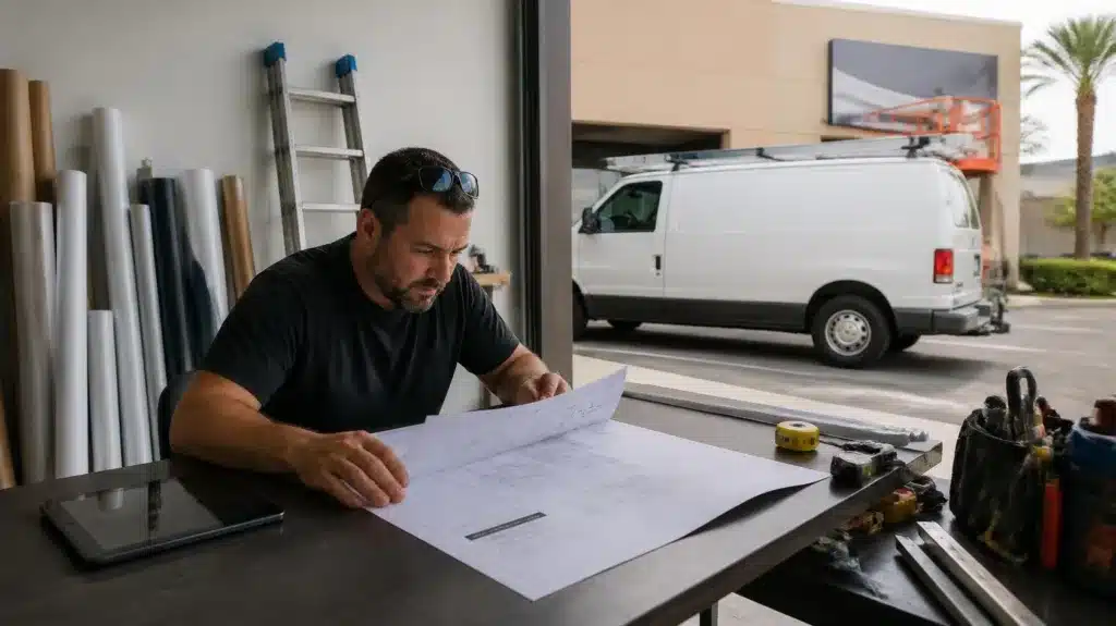 Pasco County Florida sign contractor reviewing project plans and bond requirements at a sign installation workshop.