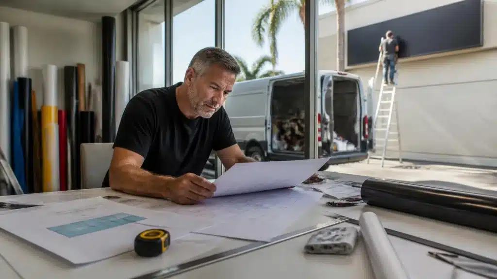 Pasco County sign contractor bond compliance with a contractor reviewing blueprints before commercial sign installation.
