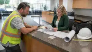 Pasco County sign contractor reviewing license and bond paperwork with construction plans and safety equipment.