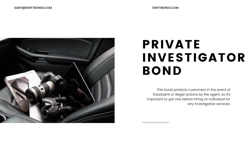 Private Investigator Bond - Tools for private investigation including camera, smartpohone, laptop and binoculars.