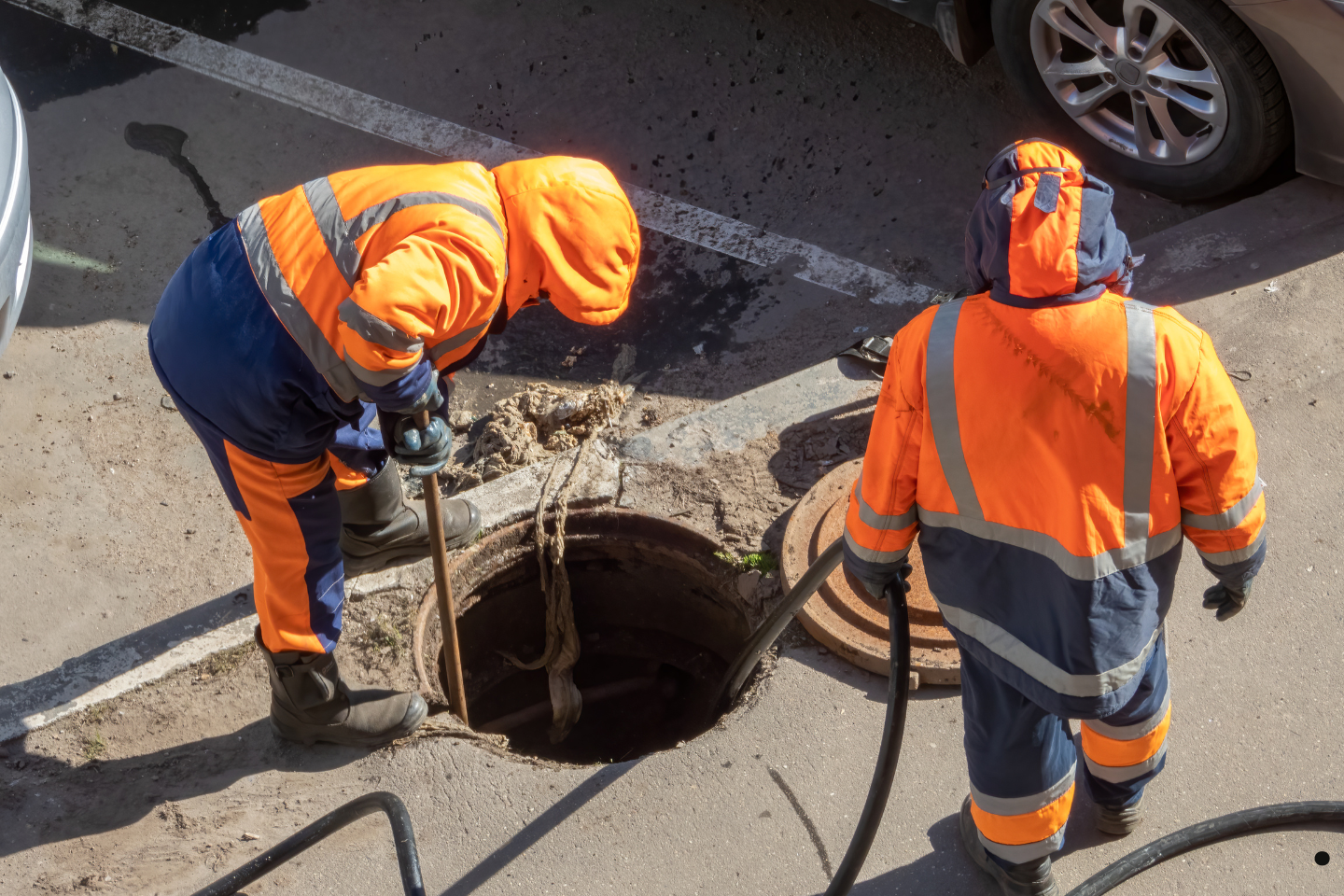 Two workers in orange safety gear cleaning a sewer or septic line from an open manhole.