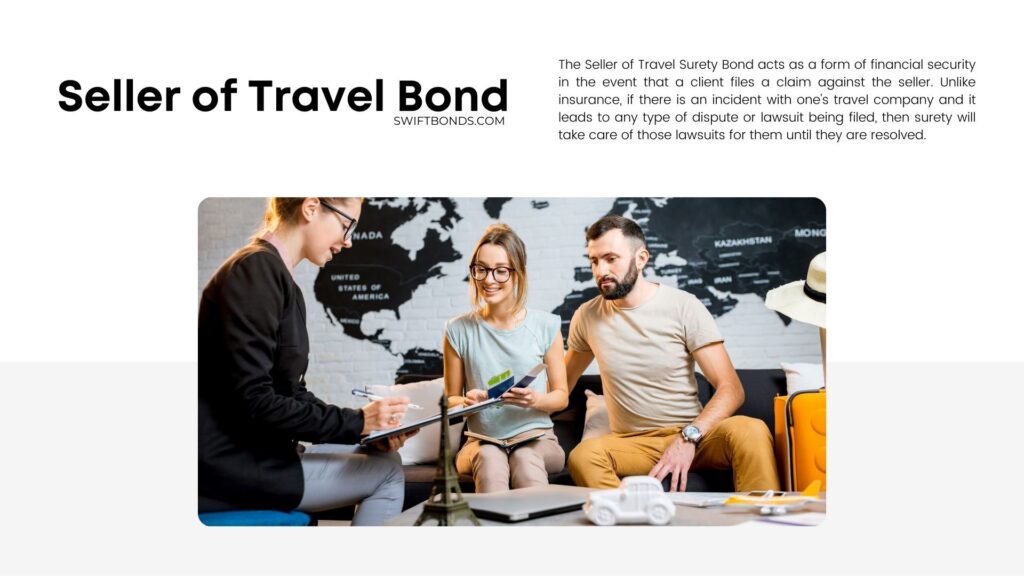 Seller of Travel Bond - couple sitting with manager at the travel agency office prepairing for a summer vacation.