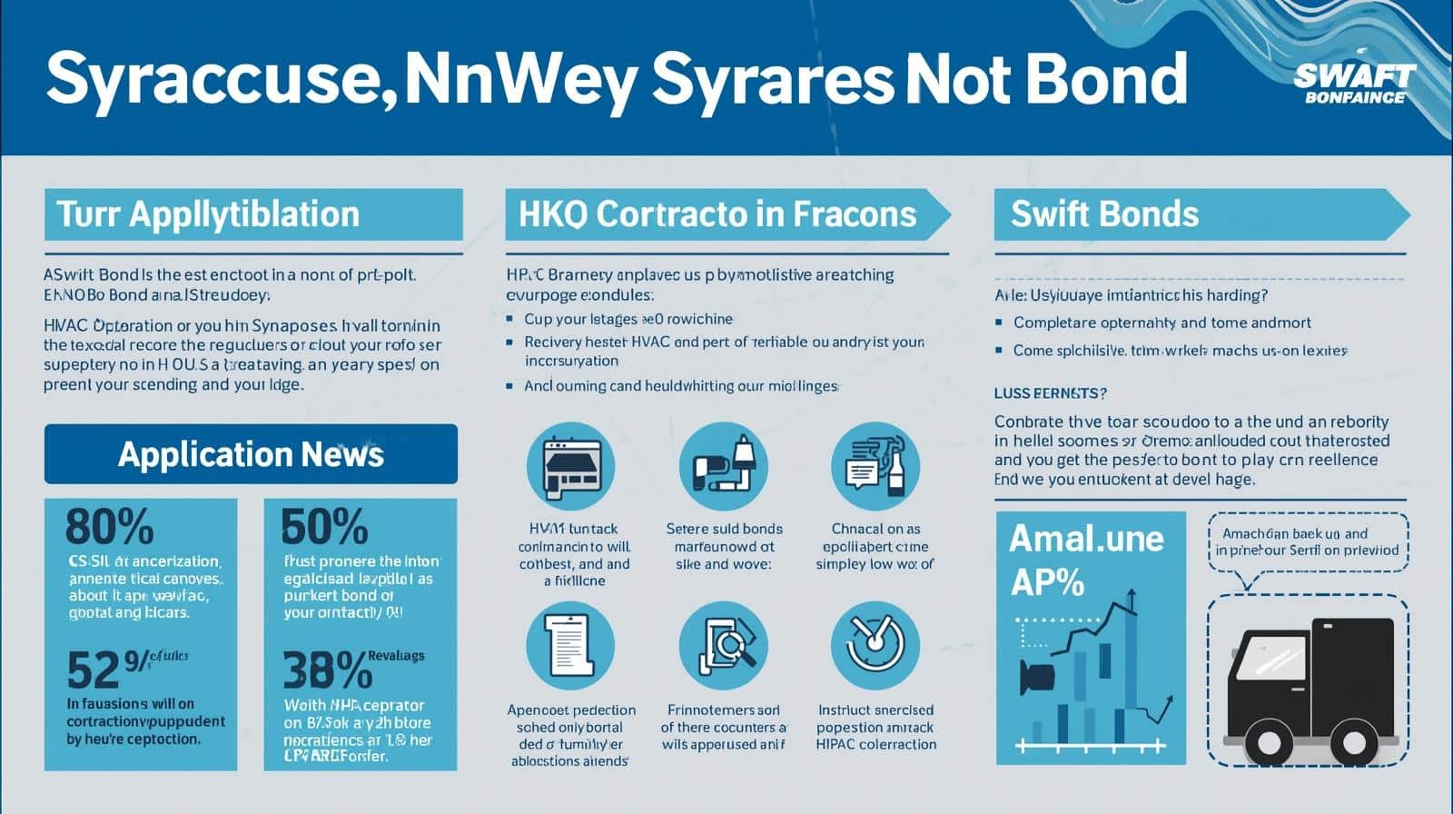 Blue-themed infographic about Syracuse bonding with sections on application process, statistics (showing 80%, 50%, 52%, 38% figures), HKO contractor information with icons, and Swift Bonds details including mobile app mockup.
