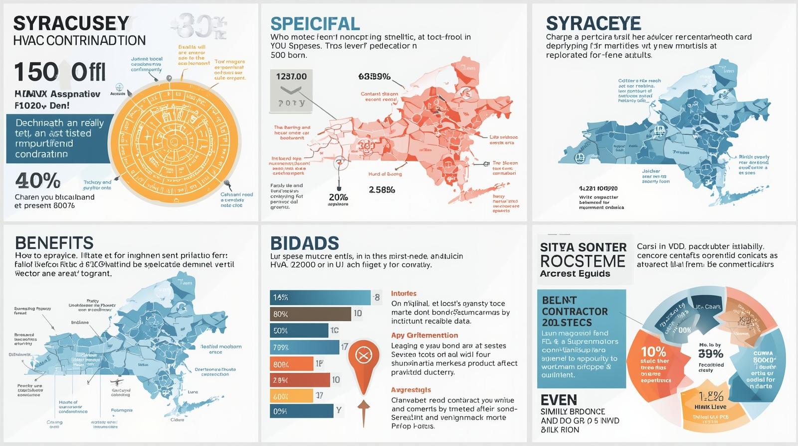 Multi-panel Syracuse contractor bond infographic featuring maps, circular charts, statistics including 150 offices and 40% figures, benefits section with US map, and contractor classification data with pie charts.